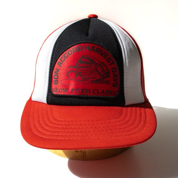 Vintage Snapback Softball Hat Cap Mesh Slowpitch 80's Red White Black - Picture 5 of 12